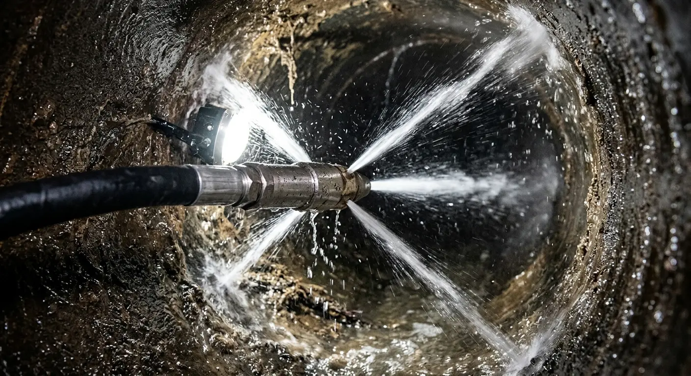 High-pressure hydro jetting nozzle cleaning sewer pipe for Trenchless Sewer Repair in Pantops