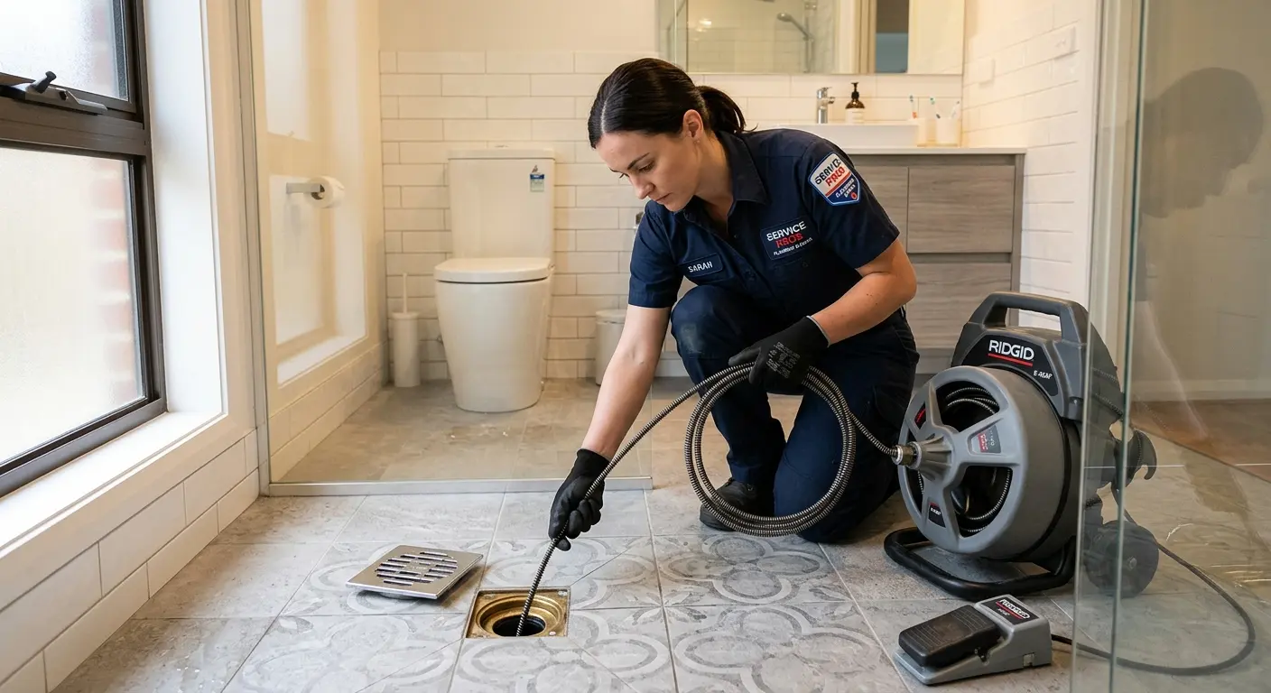 Technician clearing a bathroom floor drain for Drain Cleaning in Pantops